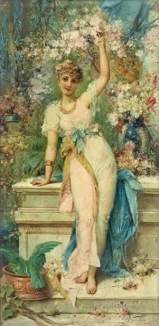  Zatzka Oil Painting - floral girl standing Hans Zatzka